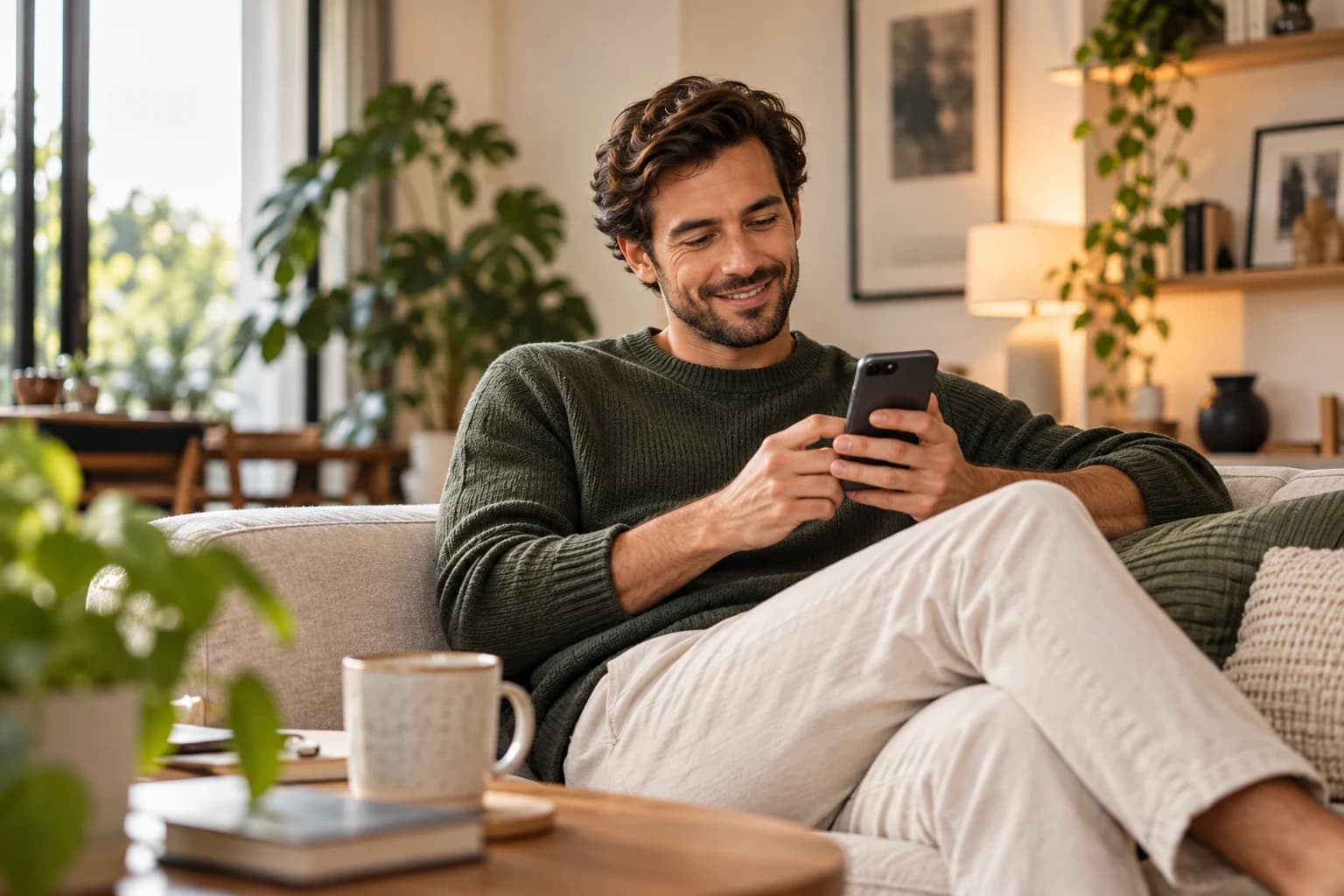Mann auf dem Sofa mit Smartphone