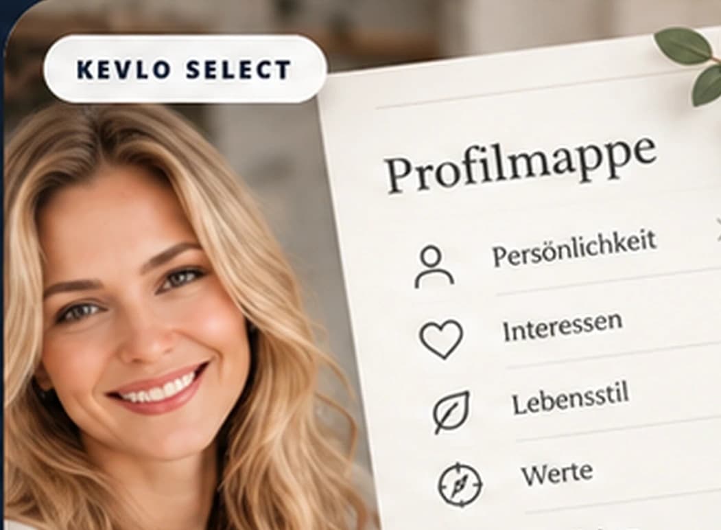 Persönliche KEVLO Select-Profilmappe mit Porträt und Angaben zu Persönlichkeit, Interessen und Werten