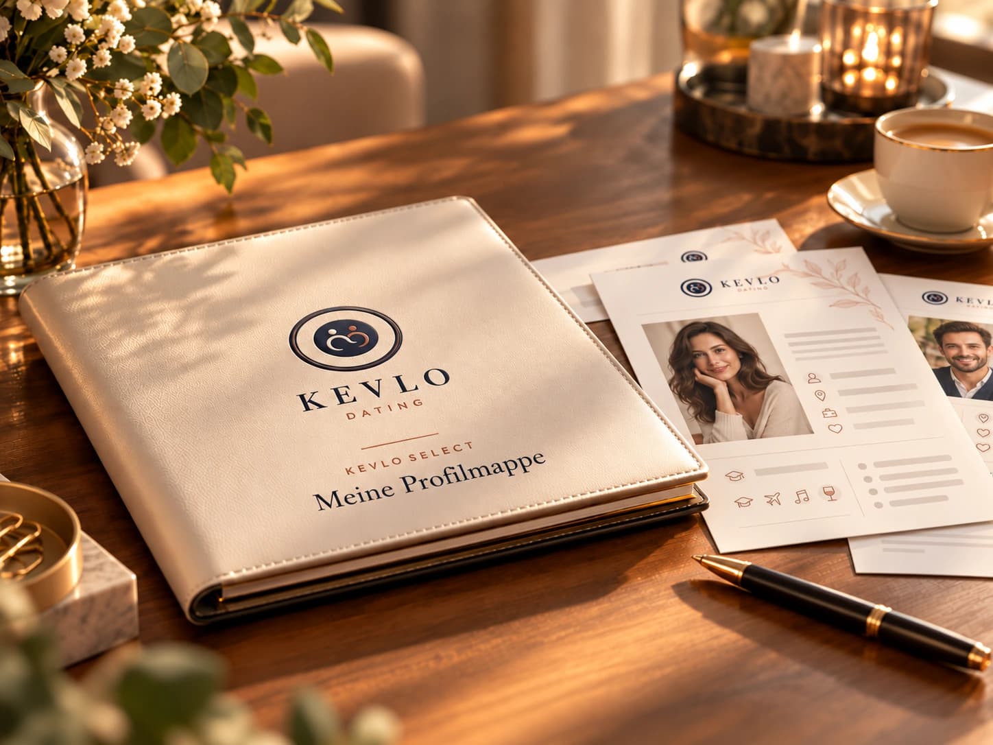 Muster einer KEVLO Select Profilmappe mit echtem KEVLO-Logo und beispielhaften Profilunterlagen