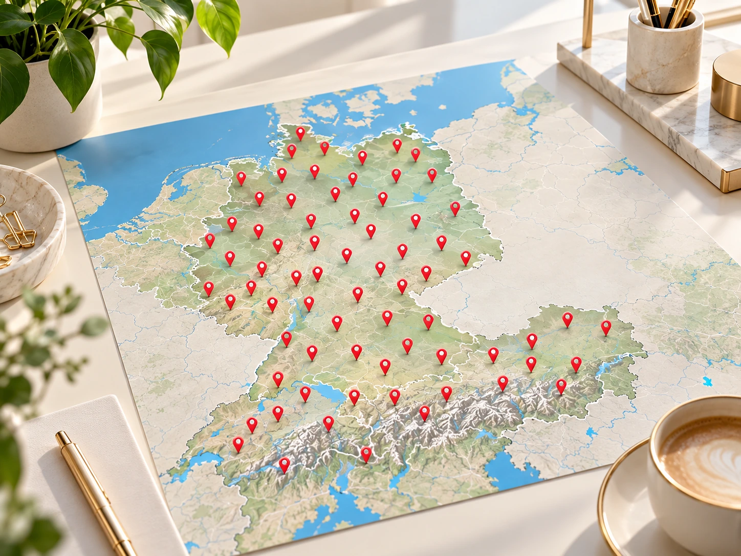 Illustrative Deutschlandkarte mit zahlreichen roten Standortmarkierungen